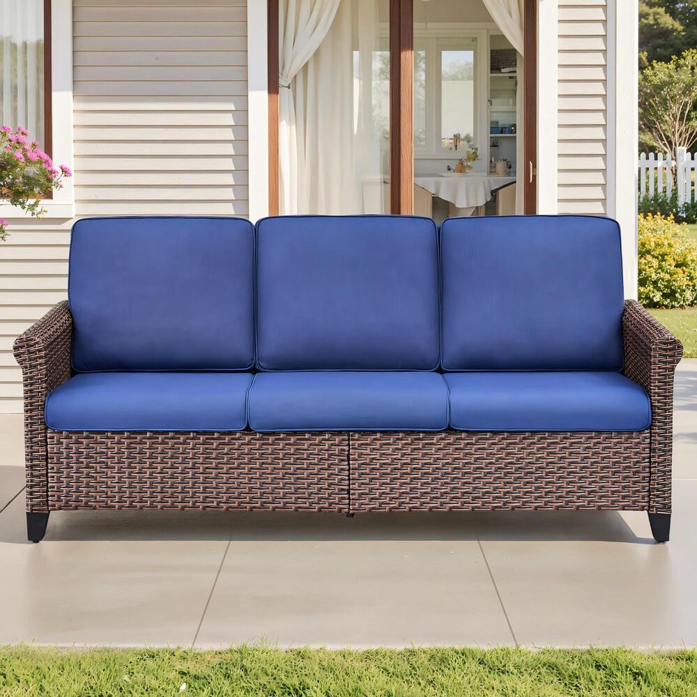 Sunwell Garden 32"H 3-Seater Outdoor Sofa with Wide Armrests and Navy Cushion in Brown, , large