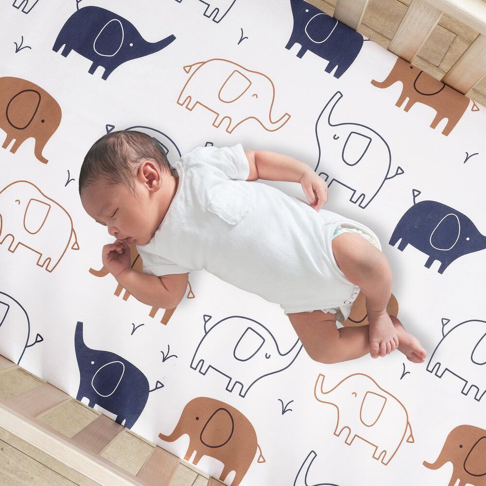 Lambs and Ivy Playful Elephant Baby Fitted Crib Sheet in White, Caramel and Indigo Blue, , large