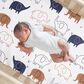 Lambs and Ivy Playful Elephant Baby Fitted Crib Sheet in White, Caramel and Indigo Blue, , large