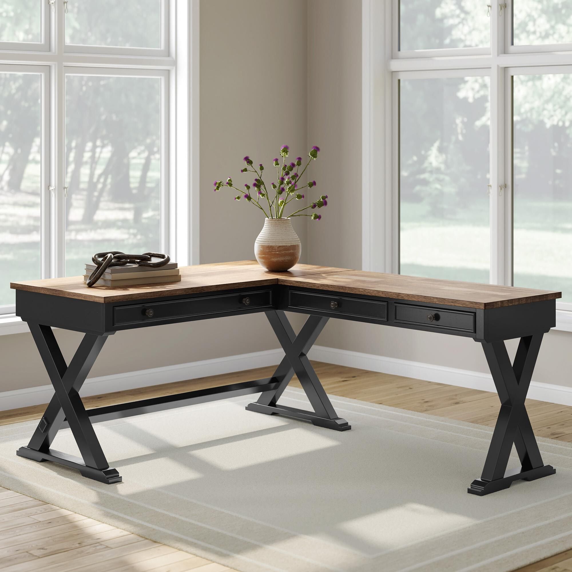 Ashley Wildenauer L-Shaped Desk in Rich Brown and Warm Satin Black