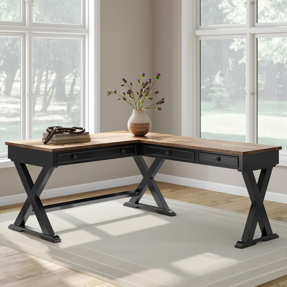 Ashley Wildenauer L-Shaped Desk in Rich Brown and Warm Satin Black, , large