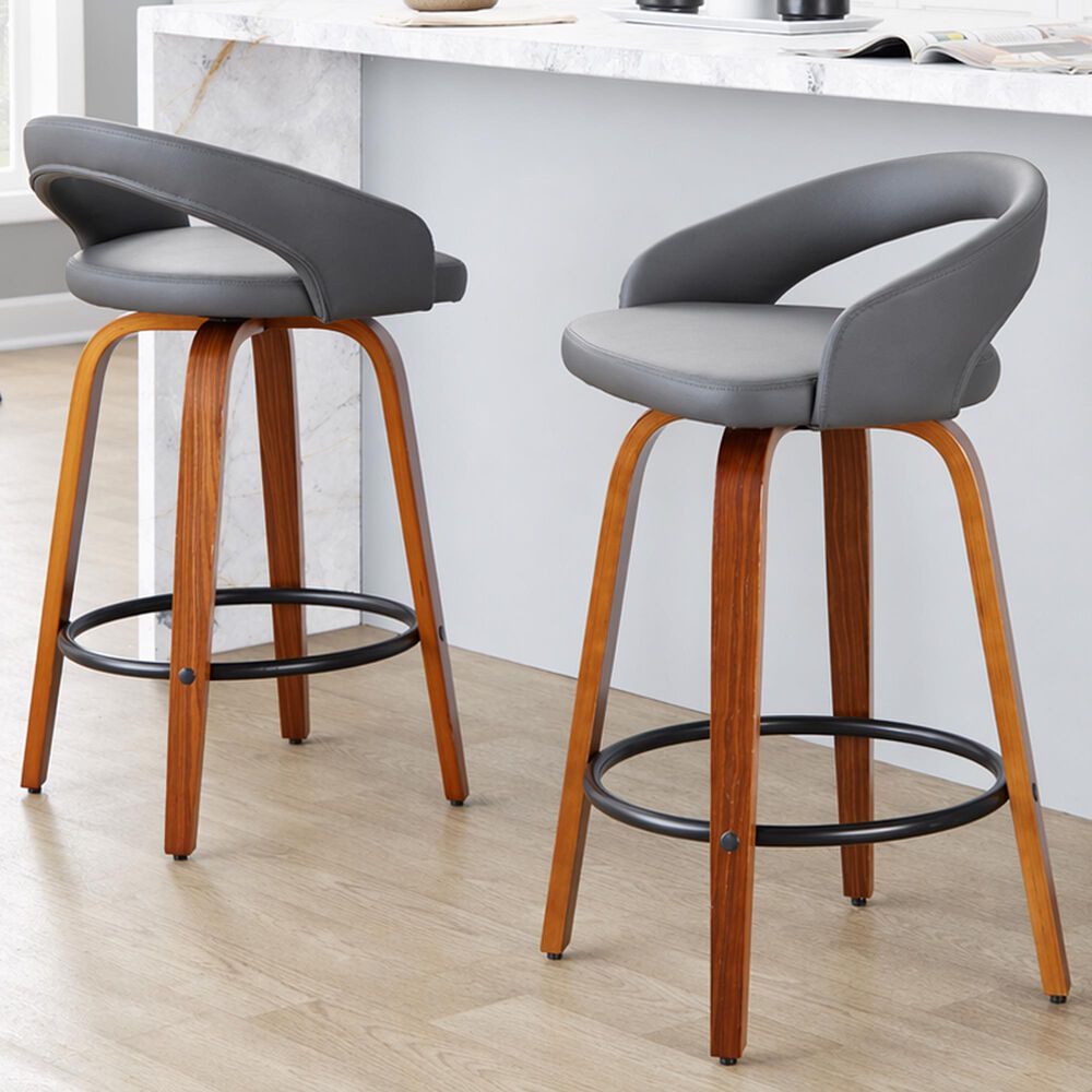 LumiSource Grotto Swivel Counter Stool with Grey Faux Leather Upholstery in Walnut Wood and Black (Set of 2), , large