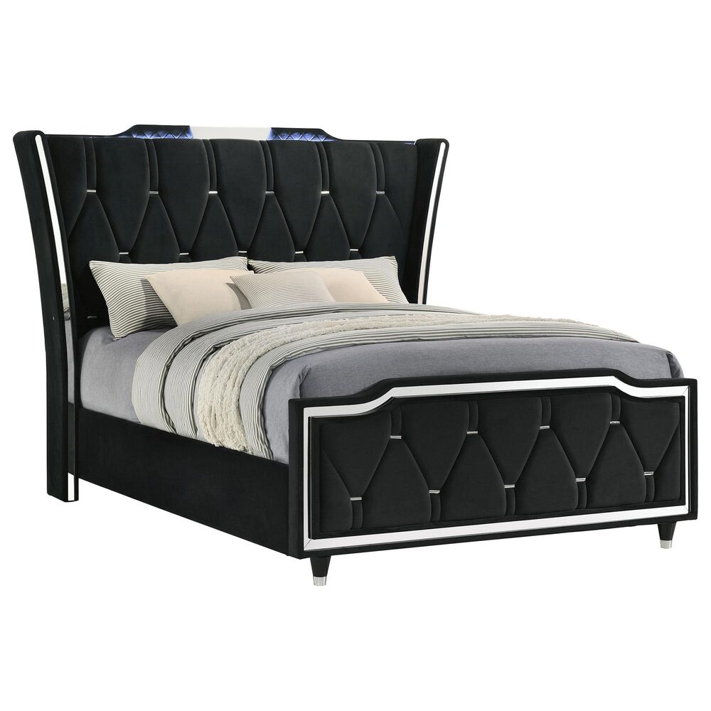 Pacific Landing Lorient Queen Upholstered Wingback Bed in Black with LED Lights, , large