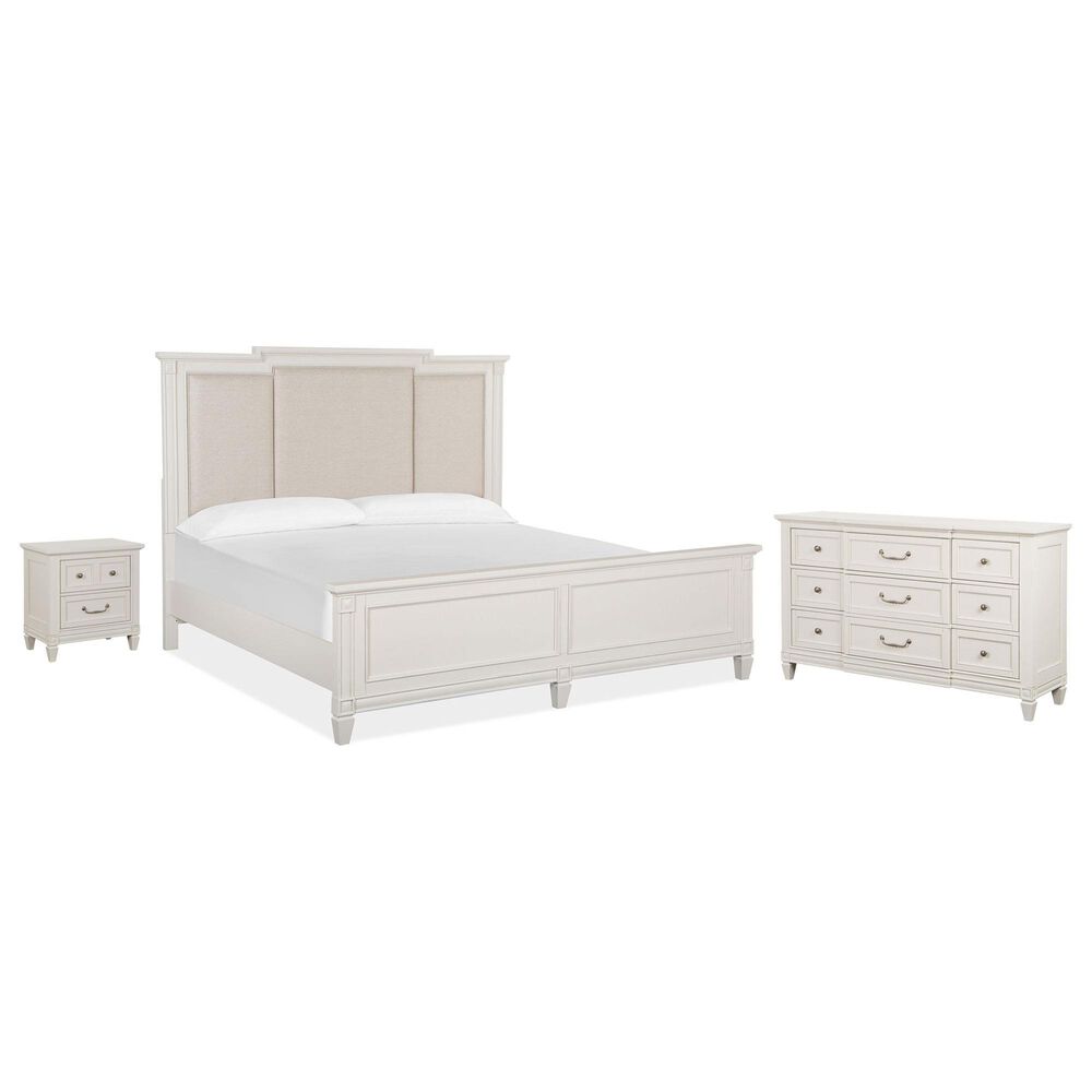 Nicolette Home Willowbrook King Panel Bed with Upholstered Headboard with Dresser and Nightstand in Egg Shell White, , large