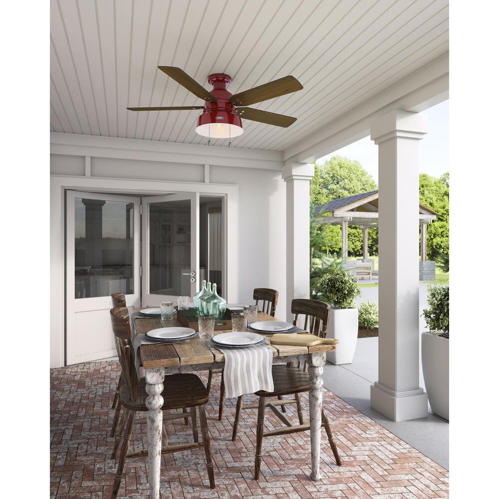 Hunter Mill Valley Low Profile 52&quot; Outdoor Ceiling Fan with Light in Barn Red, , large