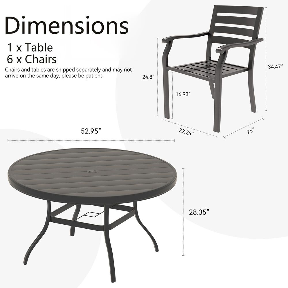 Hearth and Haven 7-Piece Outdoor Metal Dining Set with Stackable Chairs and Round Slatted Table in Black, , large