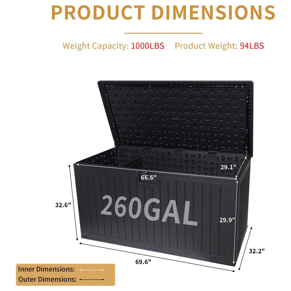 Hearth and Haven 260-Gallon Outdoor Plastic Deck Box with Elevated Base Design in Black, , large