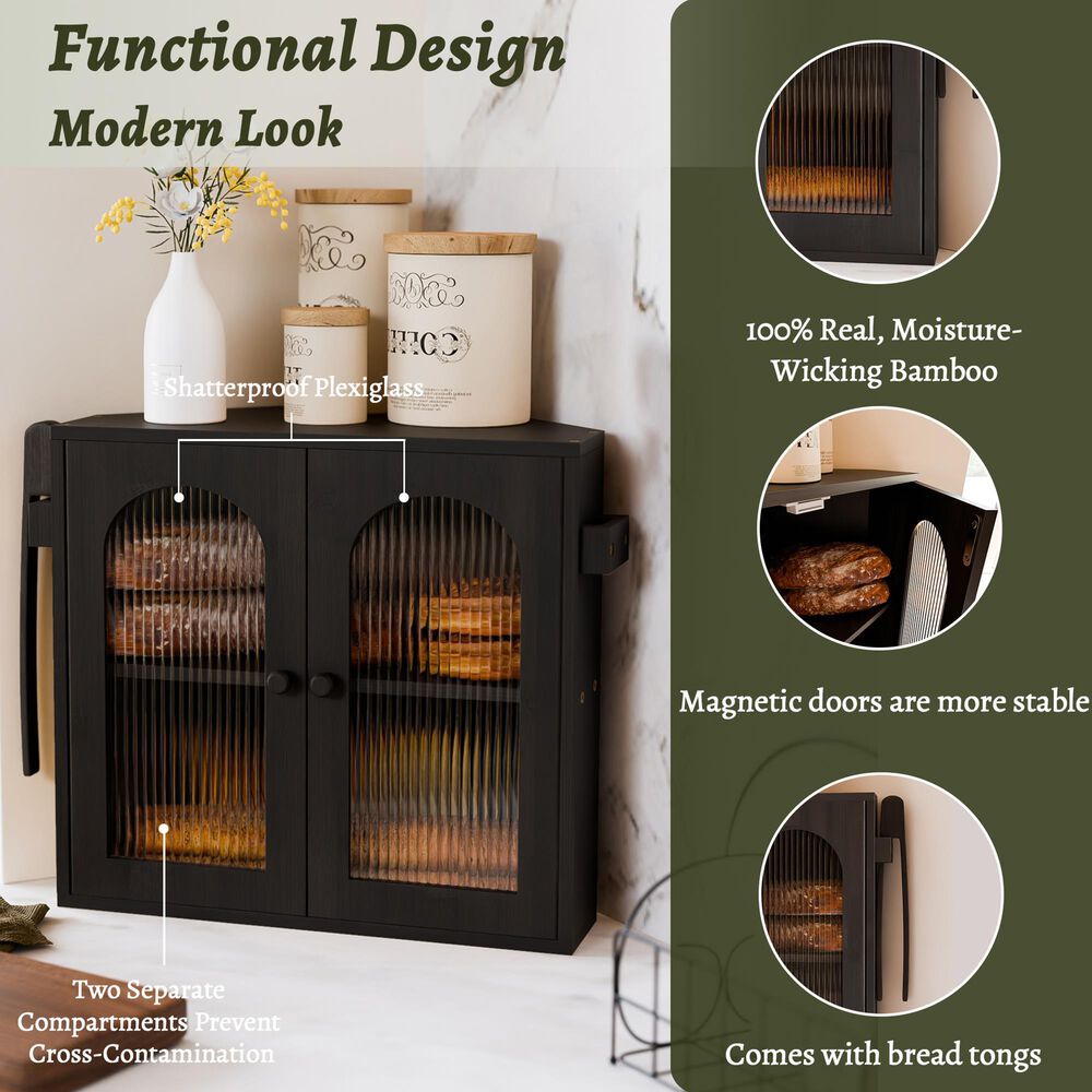 HOMLUX Small Slat Arch-Door Bread Box in Black, , large