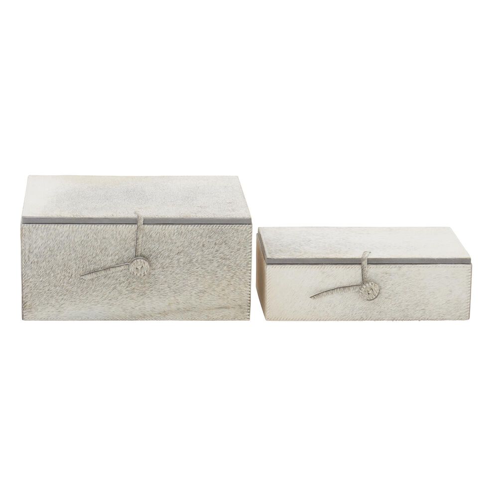 Maple and Jade 2-Piece Handmade Cowhide Decorative Box Set with Leather Loop Closure in Gray and White, , large