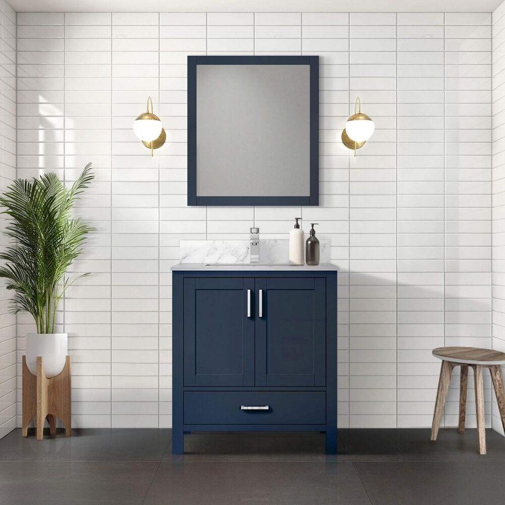 Lexora Home Jacques 30&quot; Single Bathroom Vanity in Navy Blue with 2 cm White Carrara Marble Top and Rectangular Sink, , large