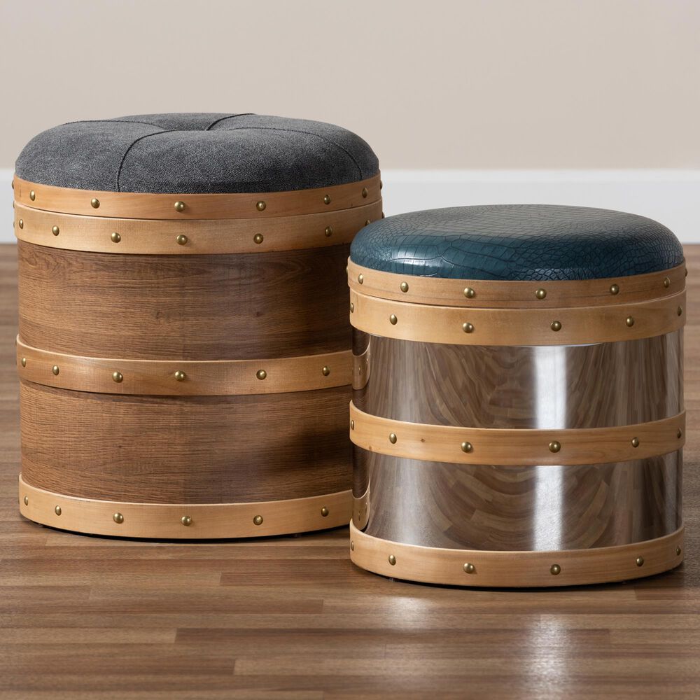 Baxton Studio Caleb 2-Piece Storage Ottoman Set in Grey/Blue/Oak Brown/Mirrored, , large