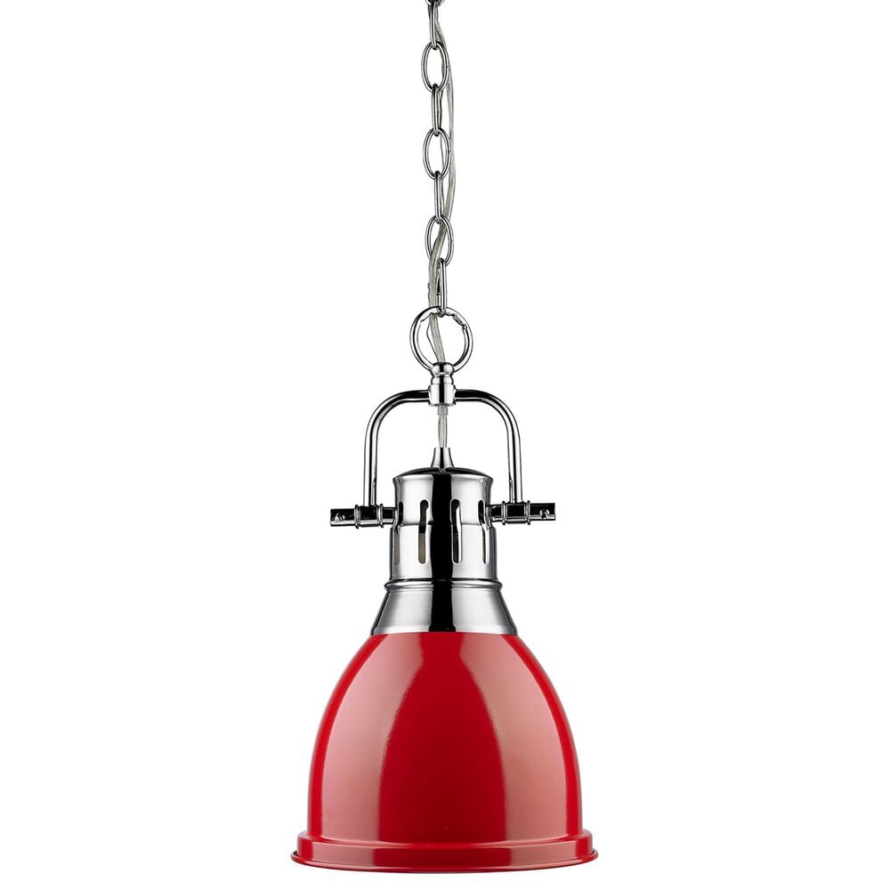 Golden Lighting Duncan 1-Light Small Pendant with Chain and Red Shade in Chrome, , large