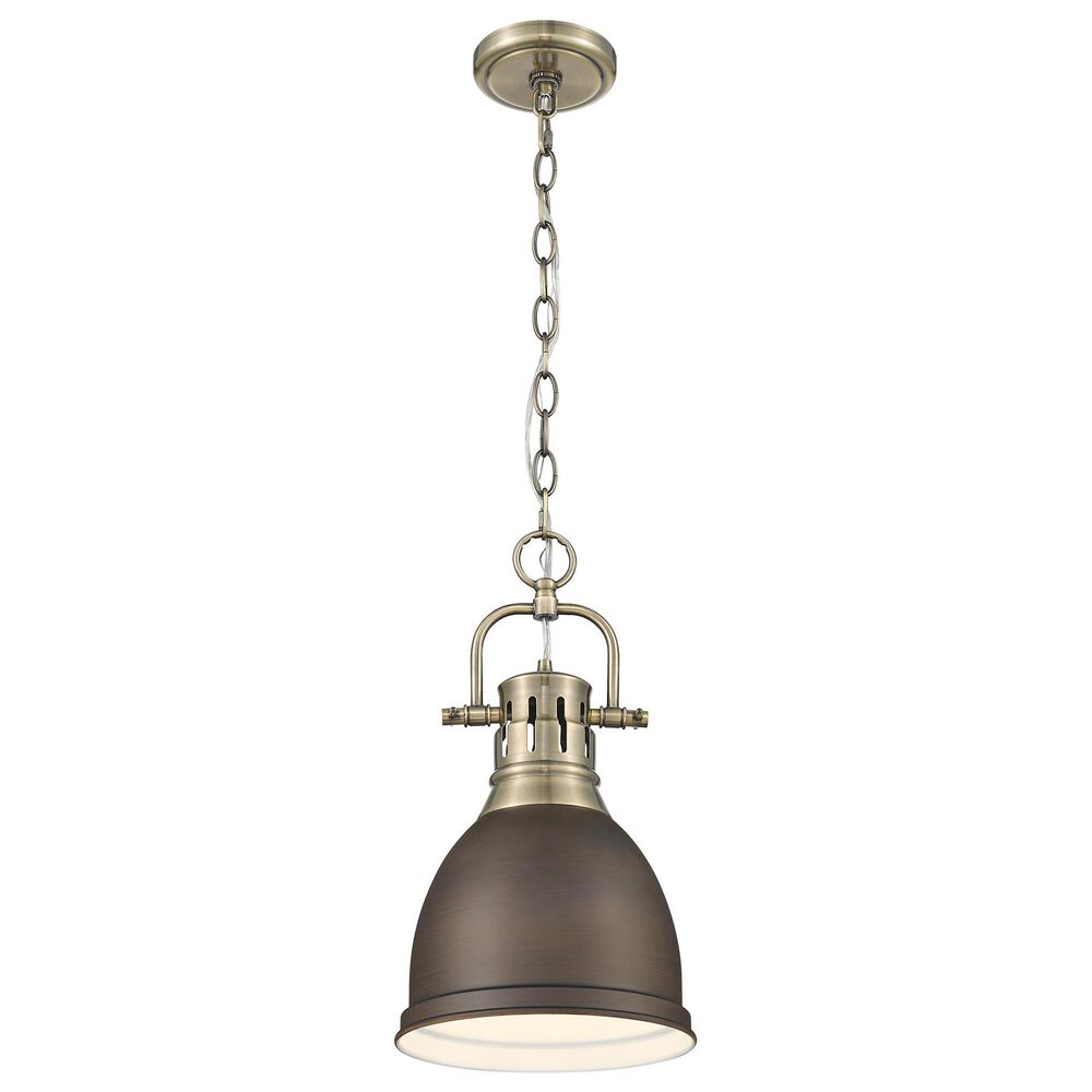 Golden Lighting Duncan 1-Light Small Pendant with Chain and Rubbed Bronze Shade in Aged Brass, , large
