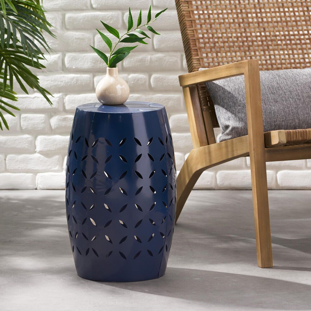 Hearth and Haven Lilac Outdoor Metal Side Table with Cylindrical Design in Dark Blue, , large