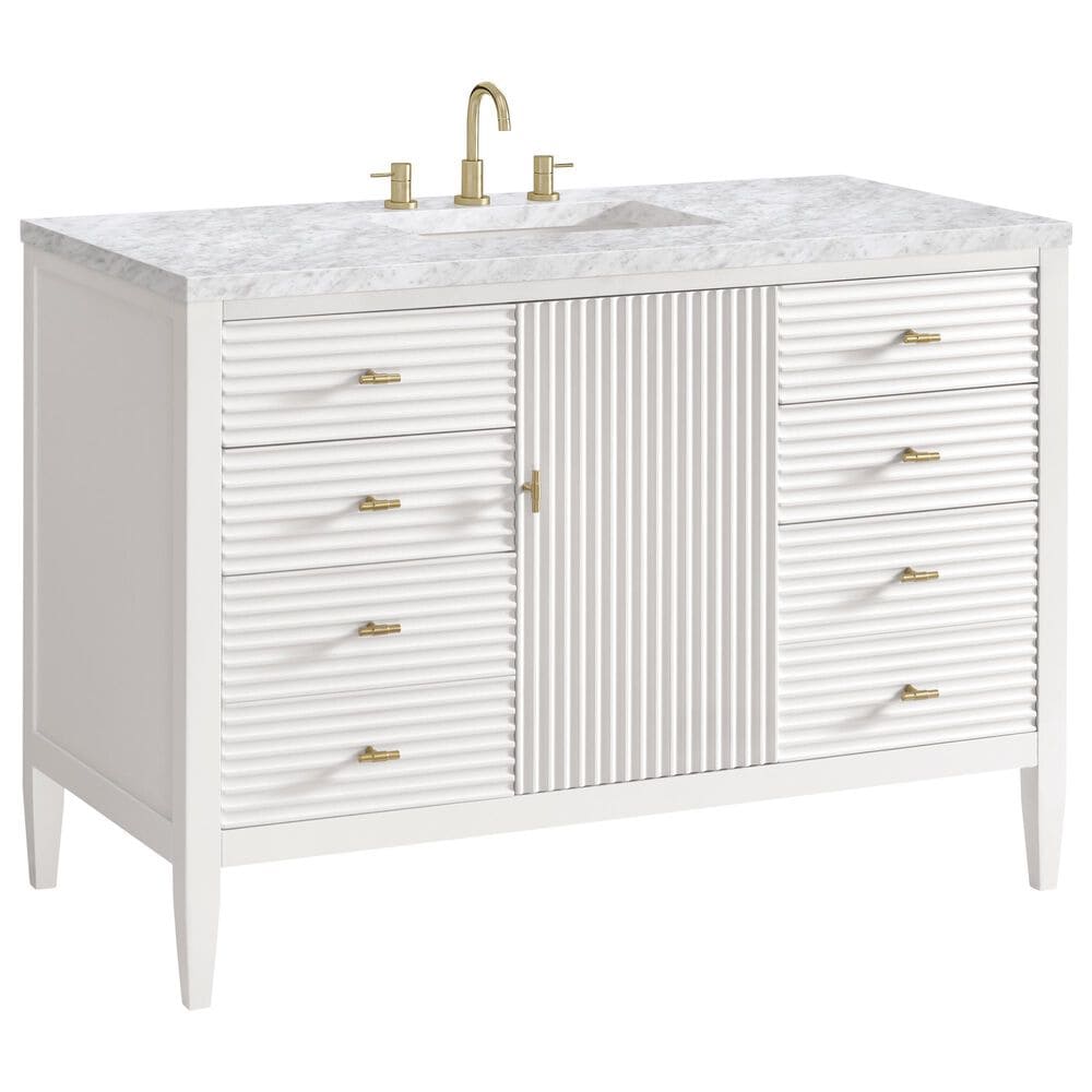 James Martin Vanities Myrrin 48" Vanity in Bright White with 3 cm Carrara White Marble Top, , large
