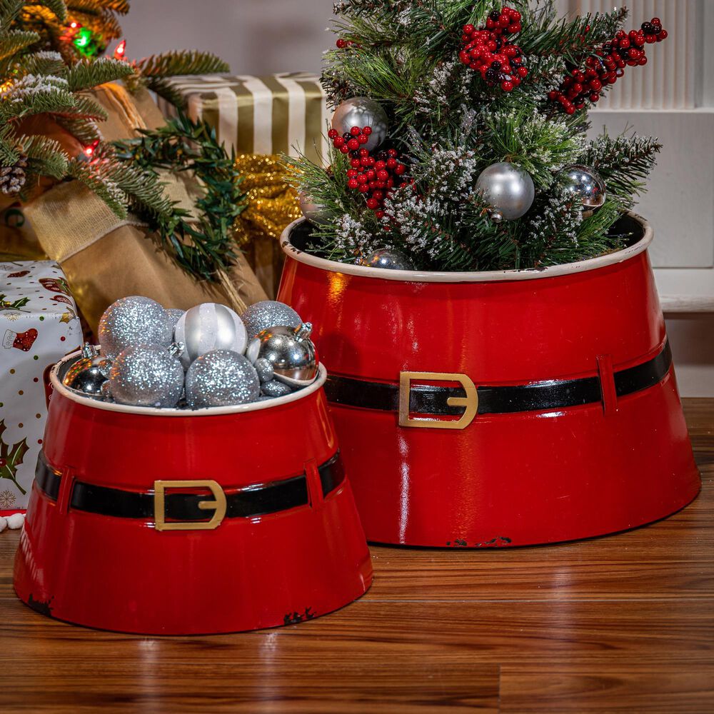 The Gerson Company 2-Piece Nesting Santa Belt Christmas Tree Base Set in Red, , large