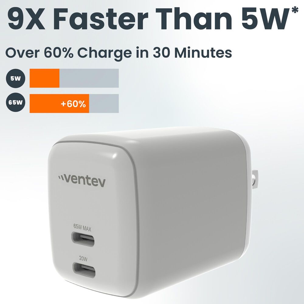 Ventev 65W Dual USB-C GaN Mini Wall Charger in White, , large