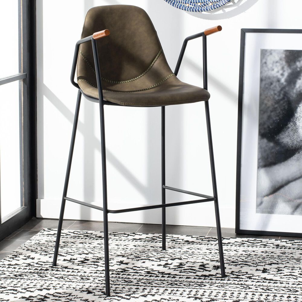 Safavieh Tanner Bar Stool in Olive Faux Leather and Black, , large