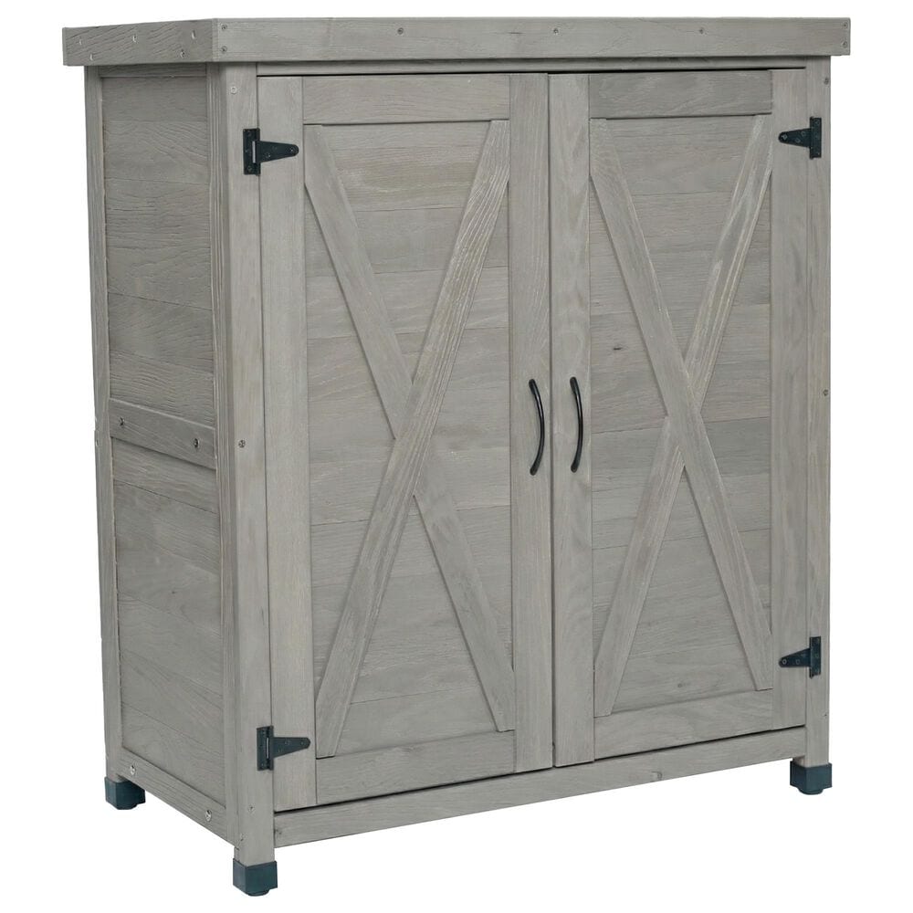 Hearth and Haven Outdoor Wooden Storage Cabinet with Metal Top and Adjustable Protective Footpad in Gray, , large