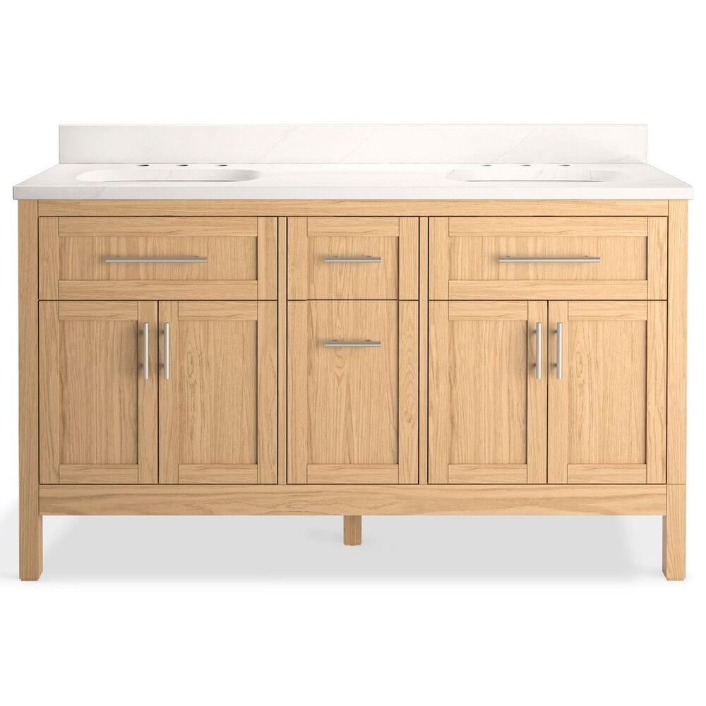 Kohler Hadron 60" Double Bathroom Vanity in Light Oak with 3 cm Bianco Bella Quartz Top and Oval Sinks, , large