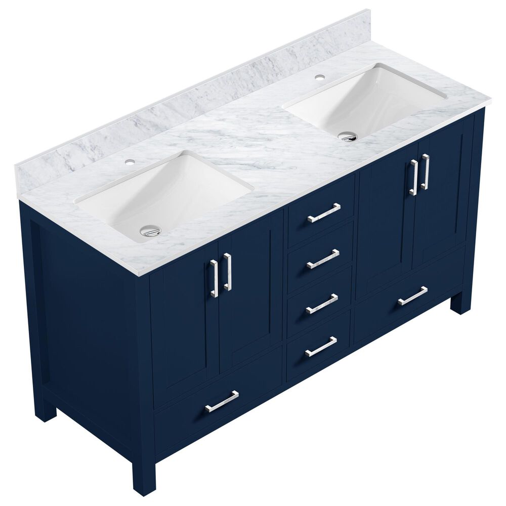 Lexora Home Jacques 60&quot; Double Bathroom Vanity in Navy Blue with 2 cm White Carrara Marble Top and Rectangular Sinks, , large