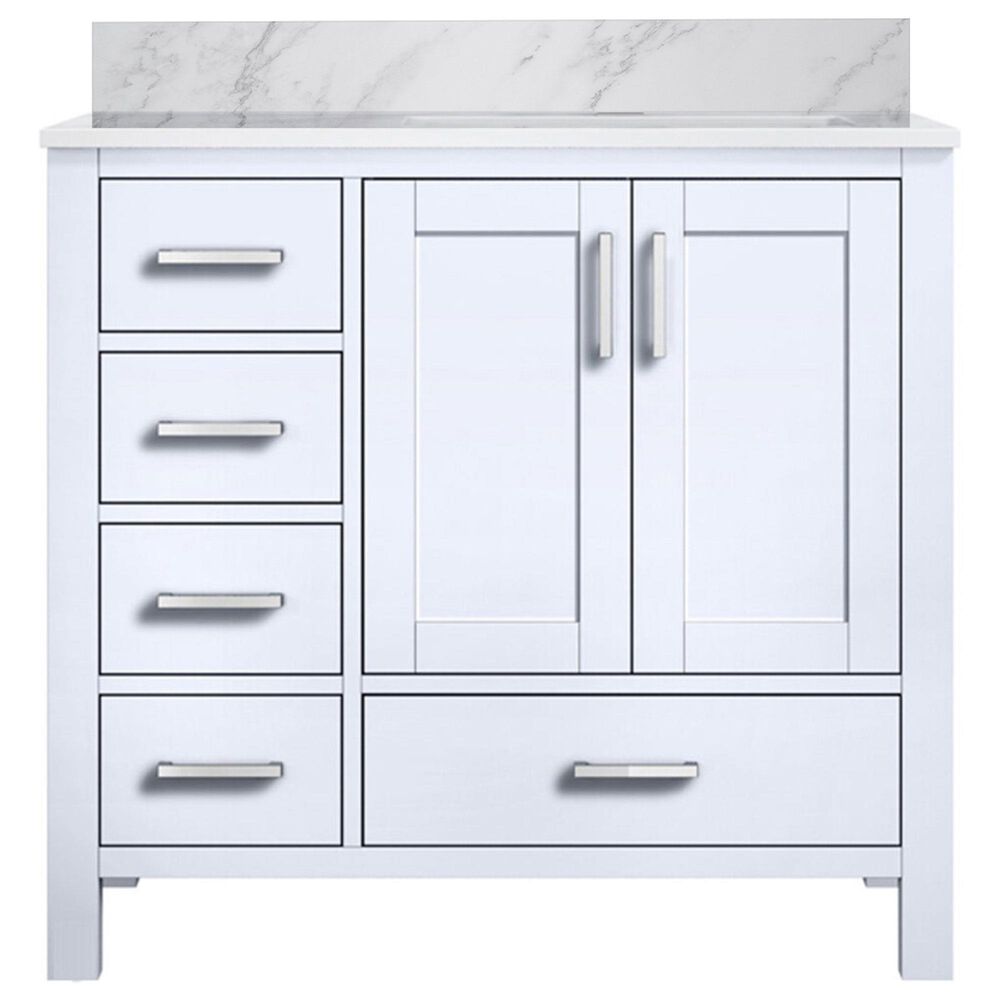 Lexora Home Jacques 36" Right Offset Single Bathroom Vanity in White with 2 cm White Carrara Marble Top and Rectangular Sink, , large