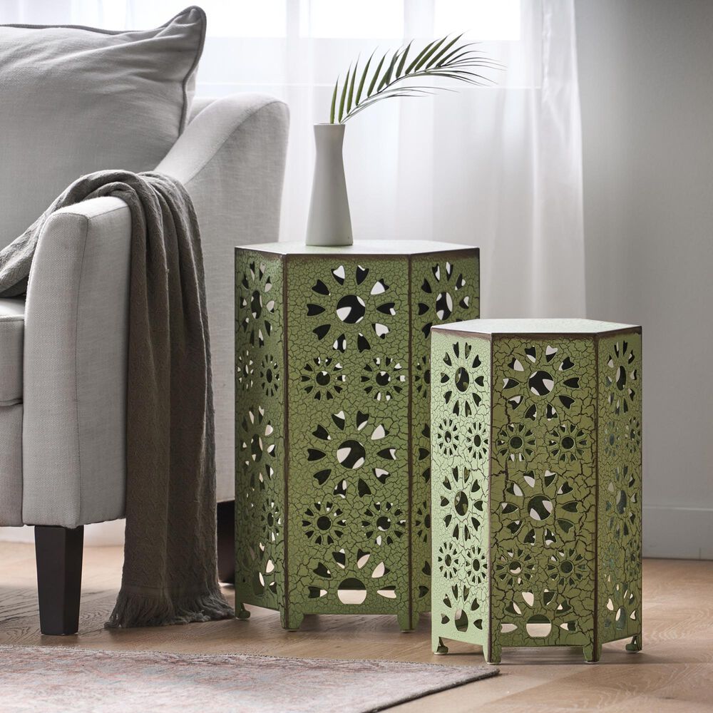 Hearth and Haven Eliana 2-Piece Outdoor Hexagon Metal Side Table Set with Sunburst Cut Out Design in Green, , large