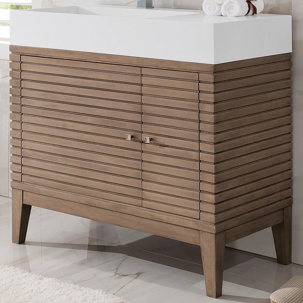 James Martin Vanities Linear 36&quot; Single Bathroom Vanity in Whitewashed Walnut with 13 cm Glossy White Solid Surface Top and Rectangular Sink, , large