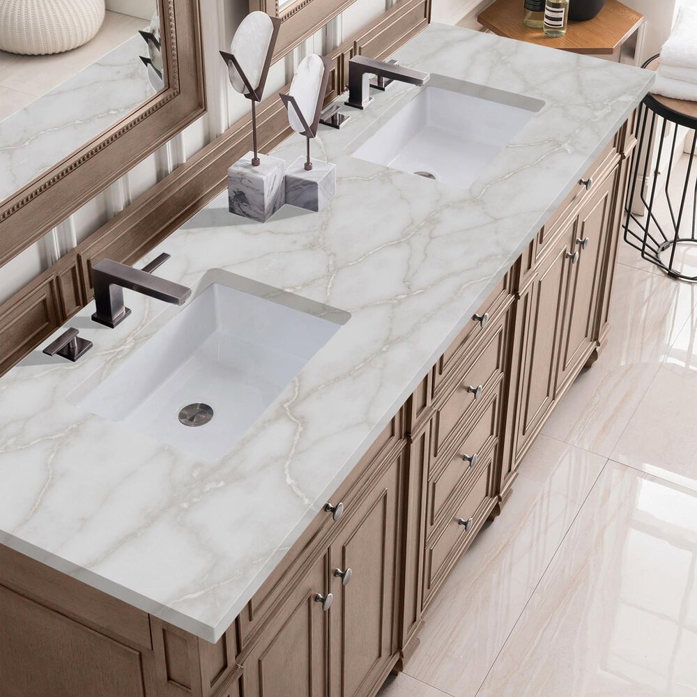 James Martin Vanities Bristol 72&quot; Double Bathroom Vanity in Whitewashed Walnut with 3 cm Victorian Silver Quartz Top and Rectangular Sinks, , large
