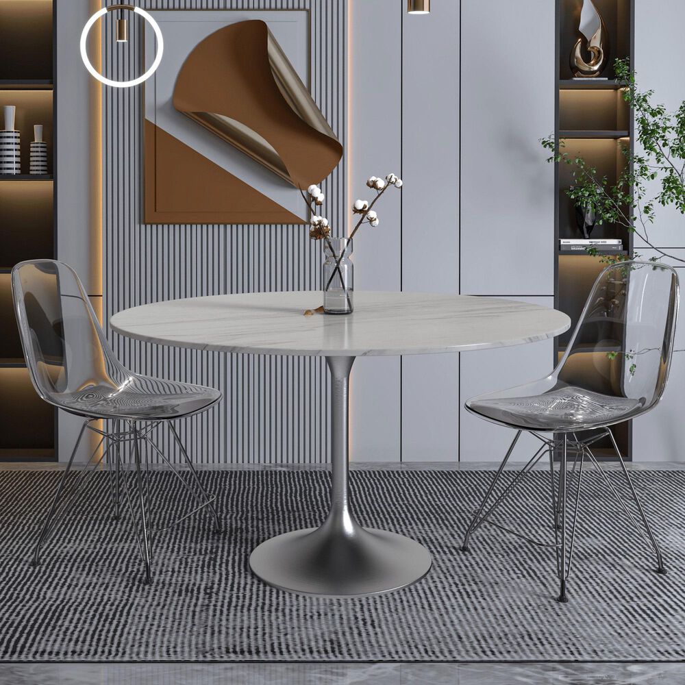 Leisuremod LeisureMod Verve Collection 48 Round Dining Table, Brushed Chrome Base with Sintered Stone White Top, , large
