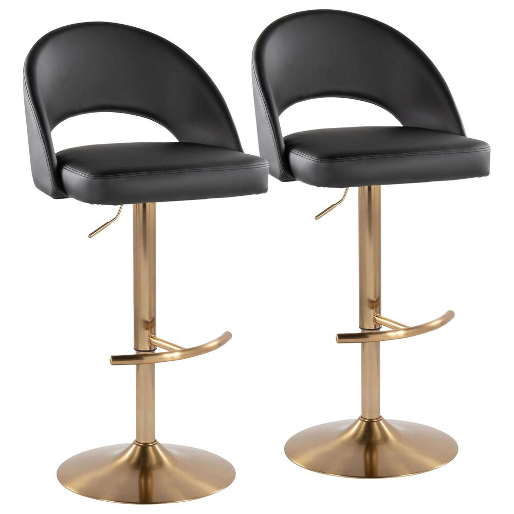 LumiSource Renee Adjustable Swivel Bar Stool with Black Faux Leather Upholstery in Gold (Set of 2), , large