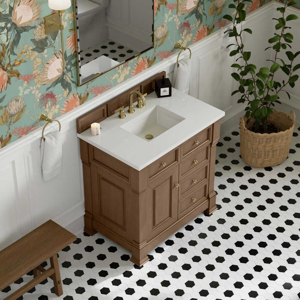 James Martin Vanities Brookfield 36&quot; Single Bathroom Vanity in Pecan with 3 cm White Zeus Quartz Top and Rectangular Sink, , large