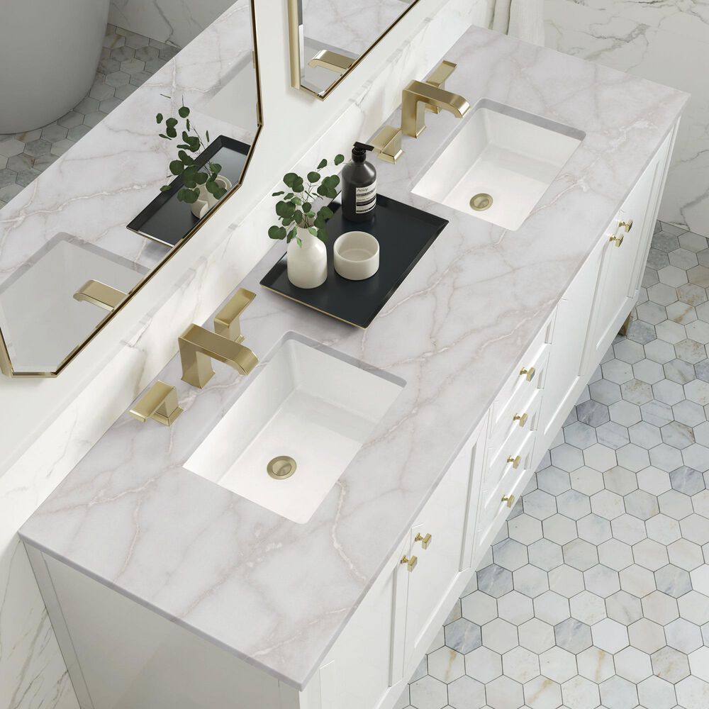 James Martin Vanities Chicago 72" Double Bathroom Vanity in Glossy White with 3 cm Victorian Silver Quartz Top, Rectangular Sinks and FreePower Wireless Charger, , large