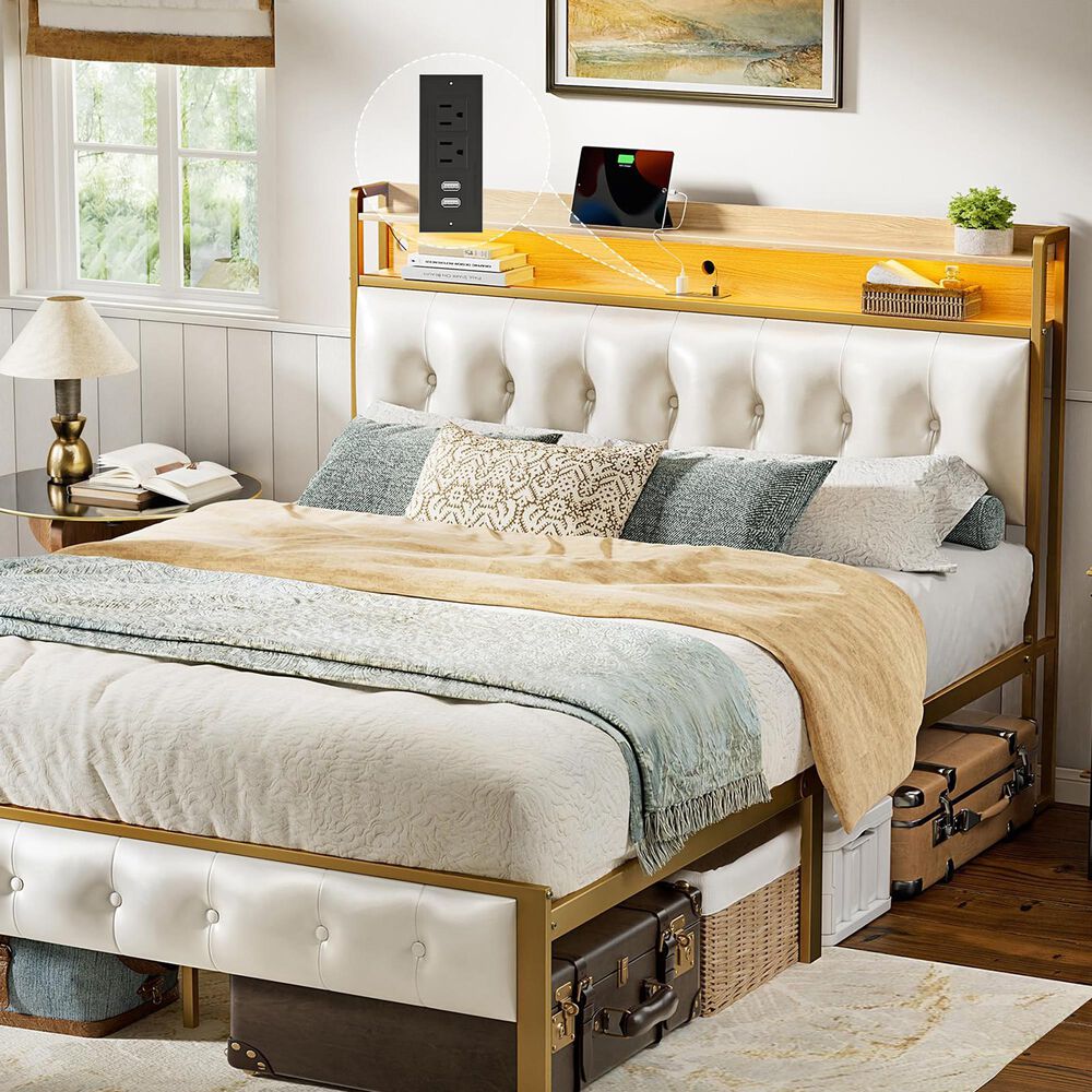 HOMLUX Queen Upholstered Bookcase Bed with LED Headboard with Charging Station in White, , large