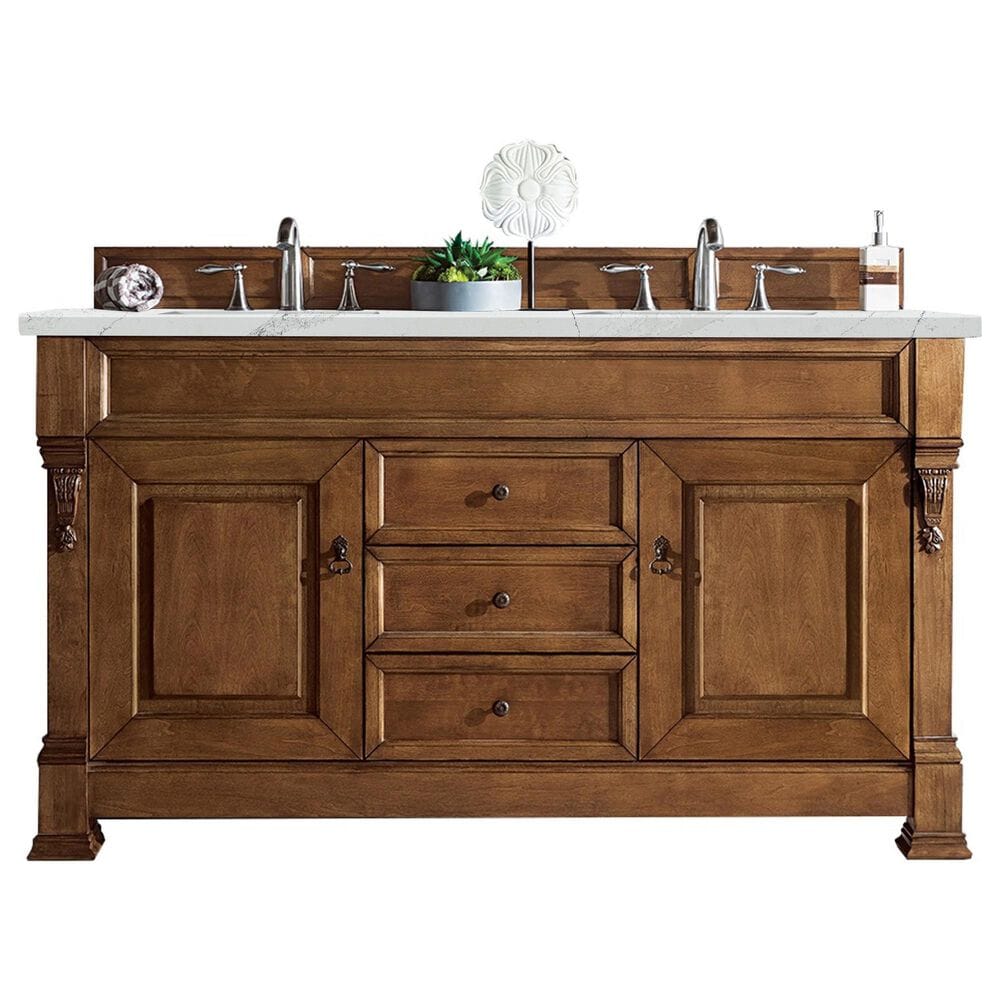 James Martin Vanities Brookfield 60" Double Bathroom Vanity in Country Oak with 3 cm Ethereal Noctis Quartz Top and Rectangle Sink, , large