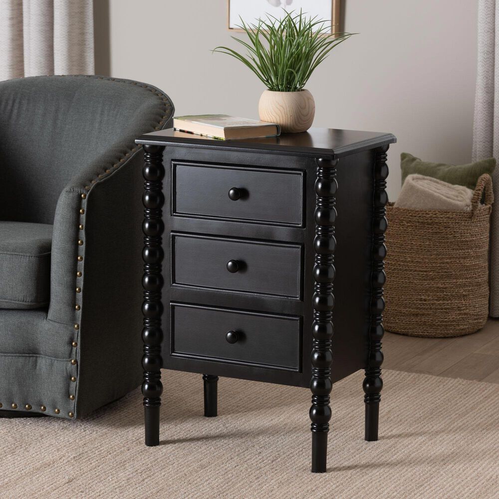 Baxton Studio Malinda 3-Drawer End Table with Spindle Legs in Black, , large