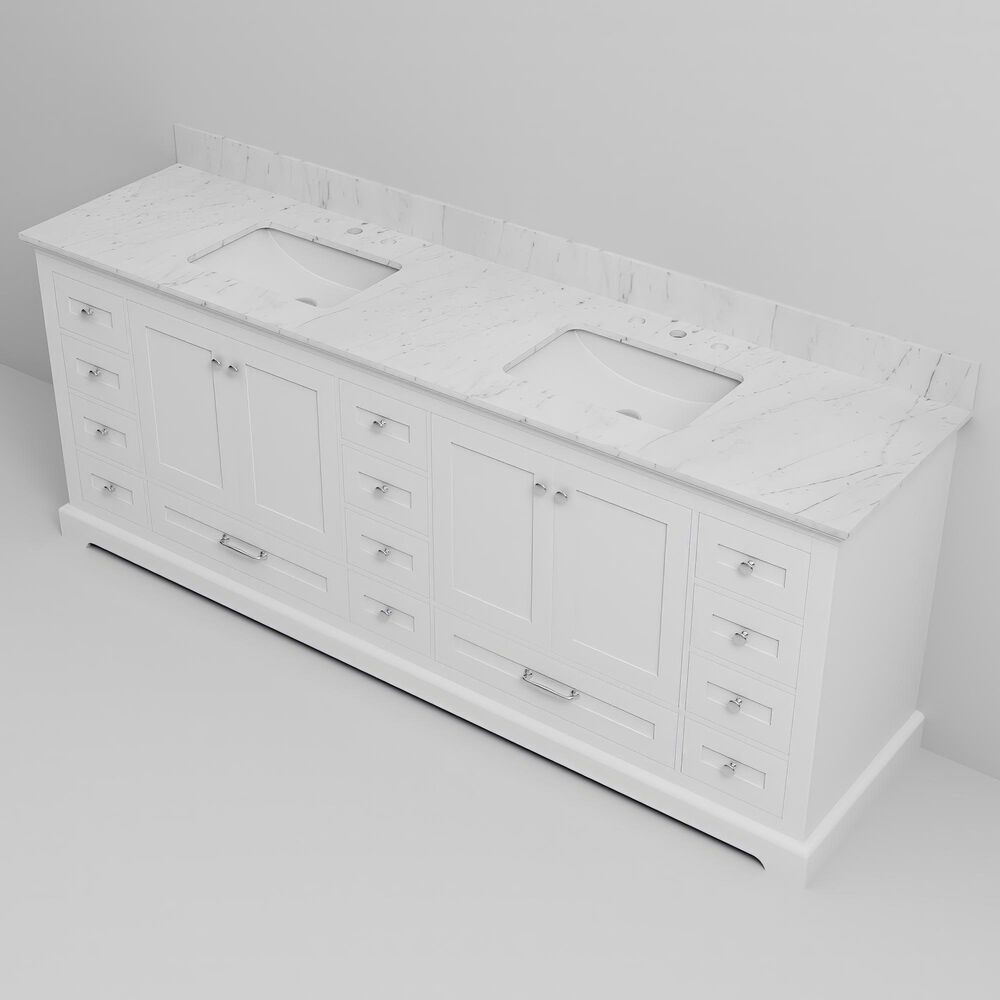 Lexora Home Dukes 84" Double Bathroom Vanity in White with 2 cm White Carrara Marble Top and Rectangular Sinks, , large