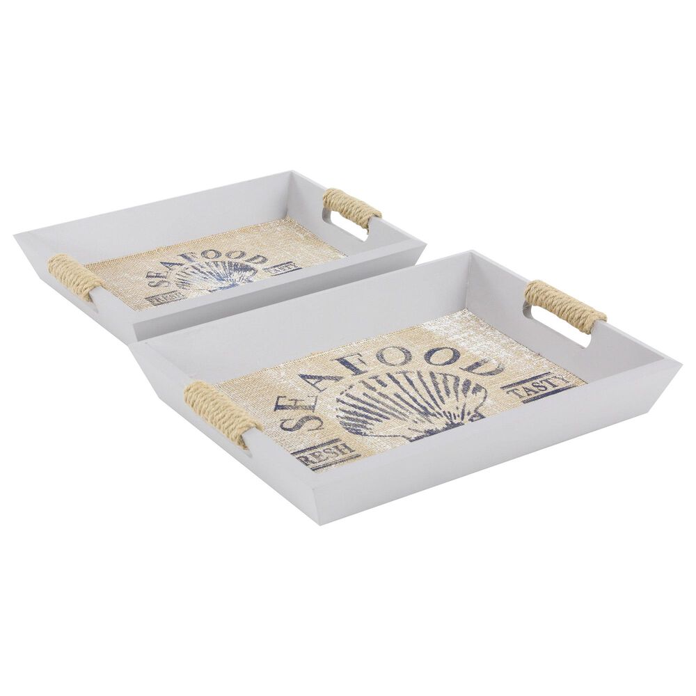 Maple and Jade Coastal Wood Tray in White (Set of 2), , large