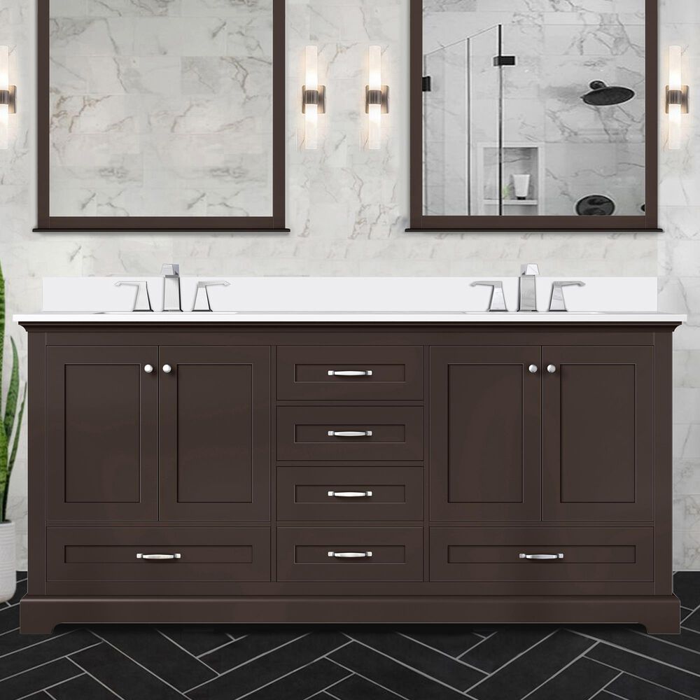 Lexora Home Dukes 72&quot; Double Bathroom Vanity in Espresso with 2 cm White Cultured Marble Top and Rectangular Sinks, , large