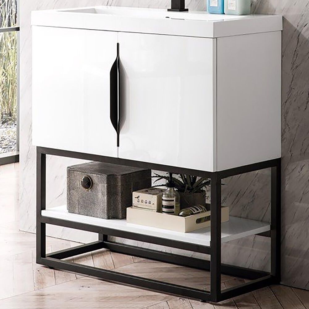 James Martin Columbia 31.5" Single Bathroom Vanity in Glossy White and Matte Black Base with 5 cm White Glossy Solid Surface Top, , large
