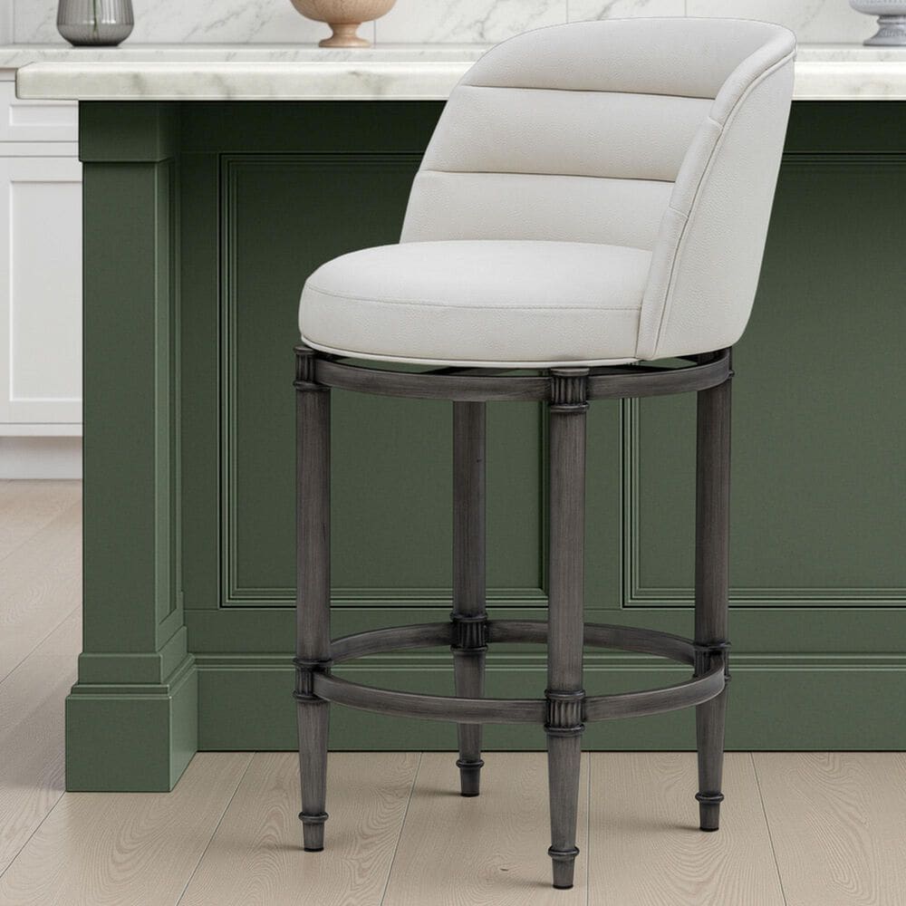 Armen Living Eunice Swivel Counter Height Stool with Ivory Upholstery in Antique Pewter, , large