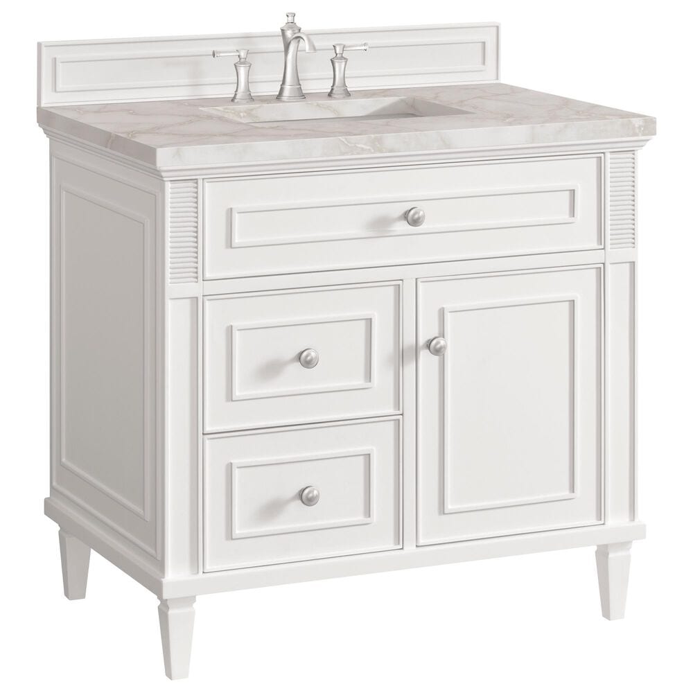 James Martin Vanities Lorelai 36" Single Vanity in Bright White with 3 cm Victorian Silver Quartz Top, , large