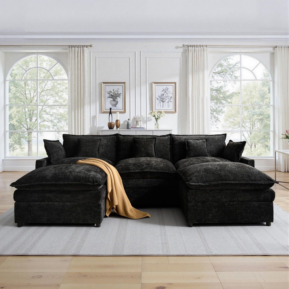 HOMLUX 107.87" Ultra-Comfort Chenille Sectional Sofa Set in Balck, , large