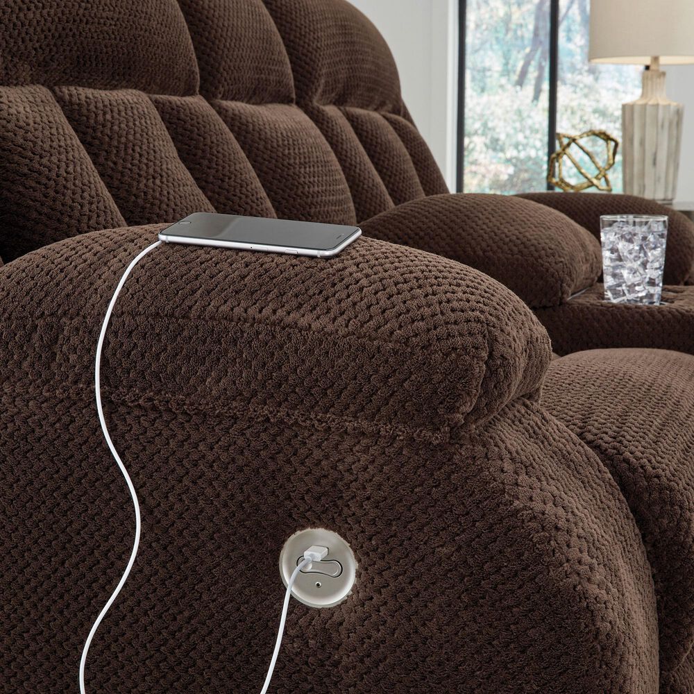 Ashley Observation Power Reclining Sofa with Drop Down Table in Chocolate Velvet, , large