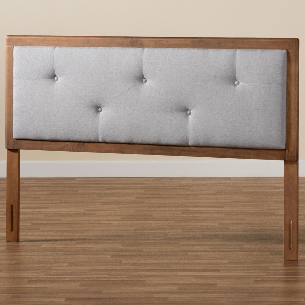 Baxton Studio Abner King Panel Headboard with Light Gray Fabric in Walnut Brown, , large