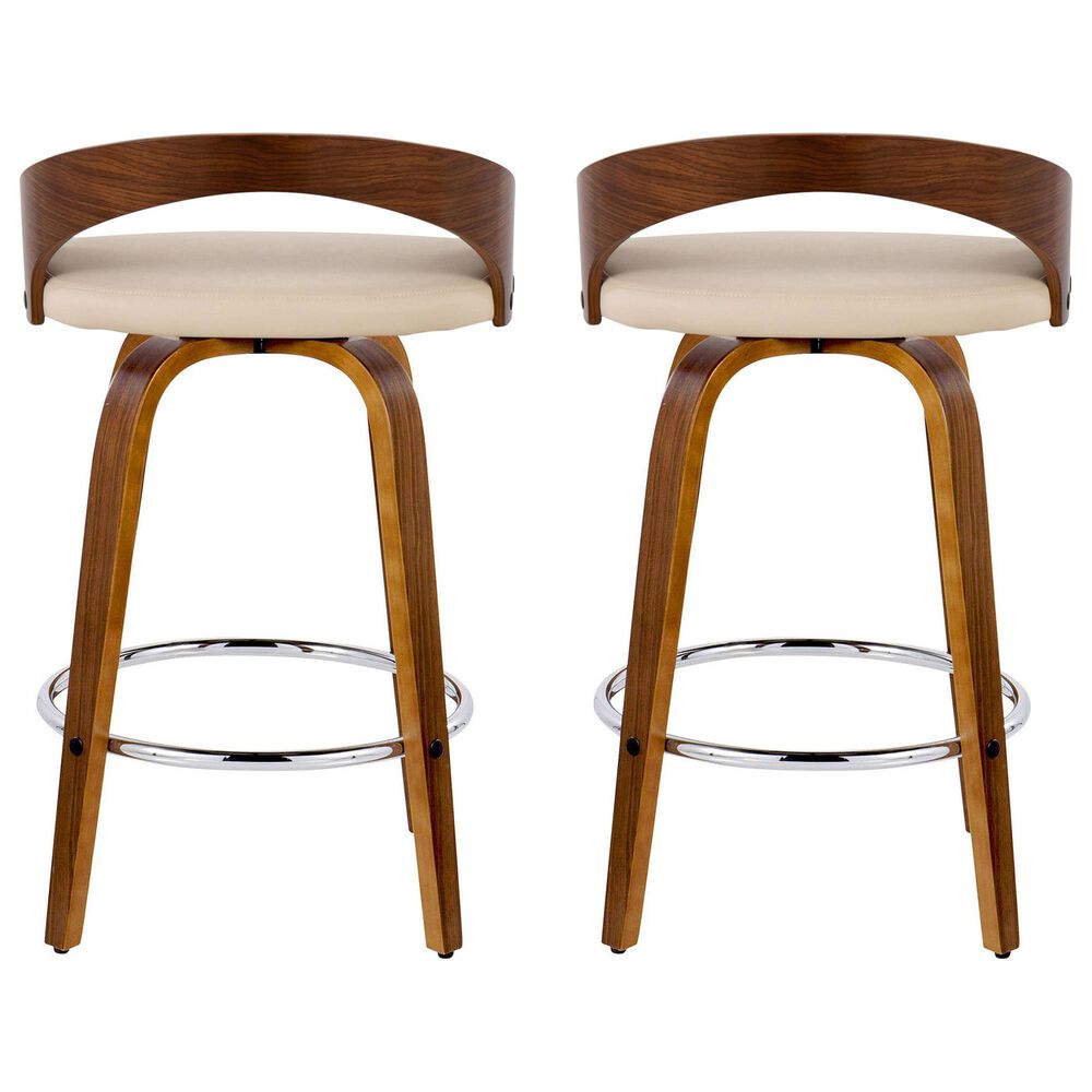 LumiSource Grotto 26" Swivel Counter Stool with Cream Faux Leather Upholstery in Walnut and Chrome (Set of 2), , large
