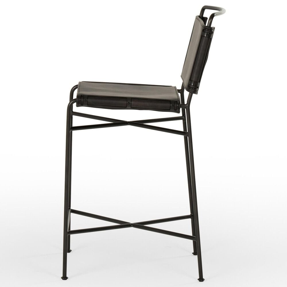 Four Hands Wharton Metal and Faux Leather Counter Stool in Distressed Black, , large