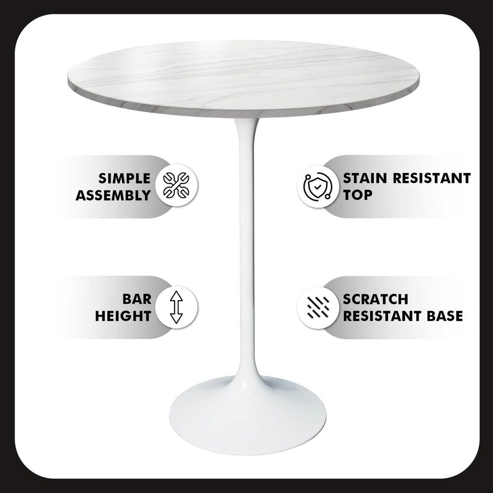 Leisuremod LeisureMod Verve Collection Modern Bar Height Table White Base with 27 Round Marble White Sintered Stone Top, , large