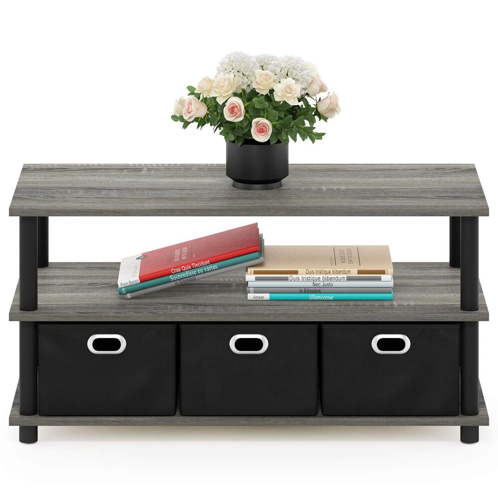 HOMLUX 2-Tier Turn-N-Tube Coffee Table with Bin Drawers in French Oak and Black, , large