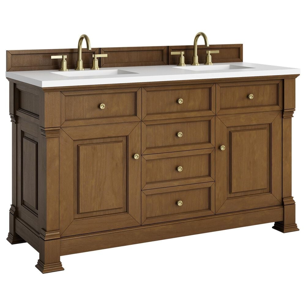 James Martin Vanities Brookfield 60&quot; Double Bathroom Vanity in Honey Oak with 3 cm White Zeus Quartz Top and Rectangular Sinks, , large